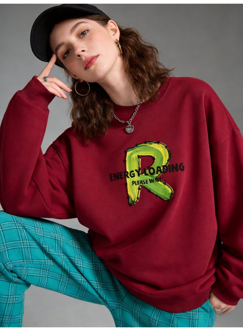 BM INS Burgundy "Graffiti Letter R" Oversized Crew Neck Sweatshirt | Unisex Pullover With "ENERGY LOADING" Slogan - Image 2